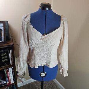 Urban Romantics Beige Smocked Peasant Puff Sleeve Cottagecore Top